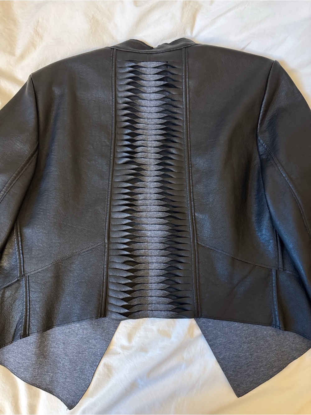 BCBGMaxAzria Black Faux Leather Jacket with Woven Center Panel